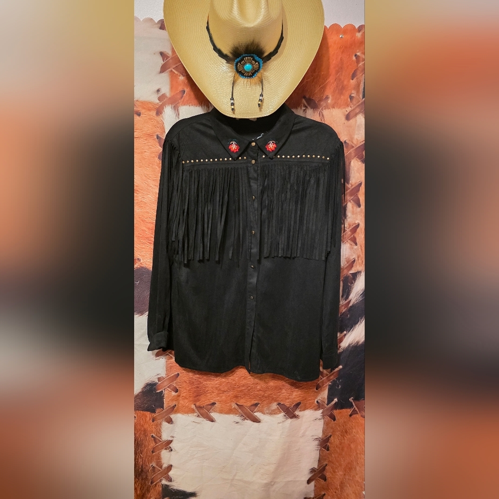 Elegant Black Fringe Button Down Shirt